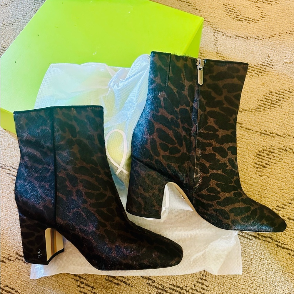 Sam Edelman Brown & Black Leather Leopard Animal Print Ankle Boots NEW